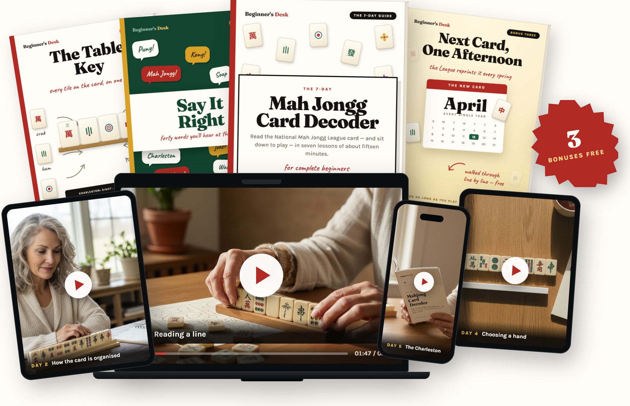 Everything included: the seven lessons on laptop, tablet and phone, the printed guide, and the three bonuses