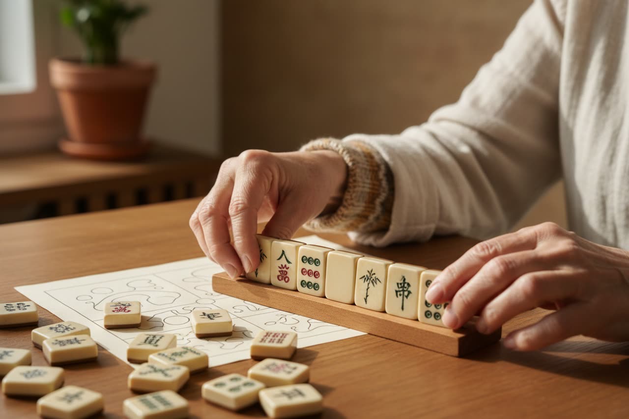 Sorting tiles onto a rack beside the card